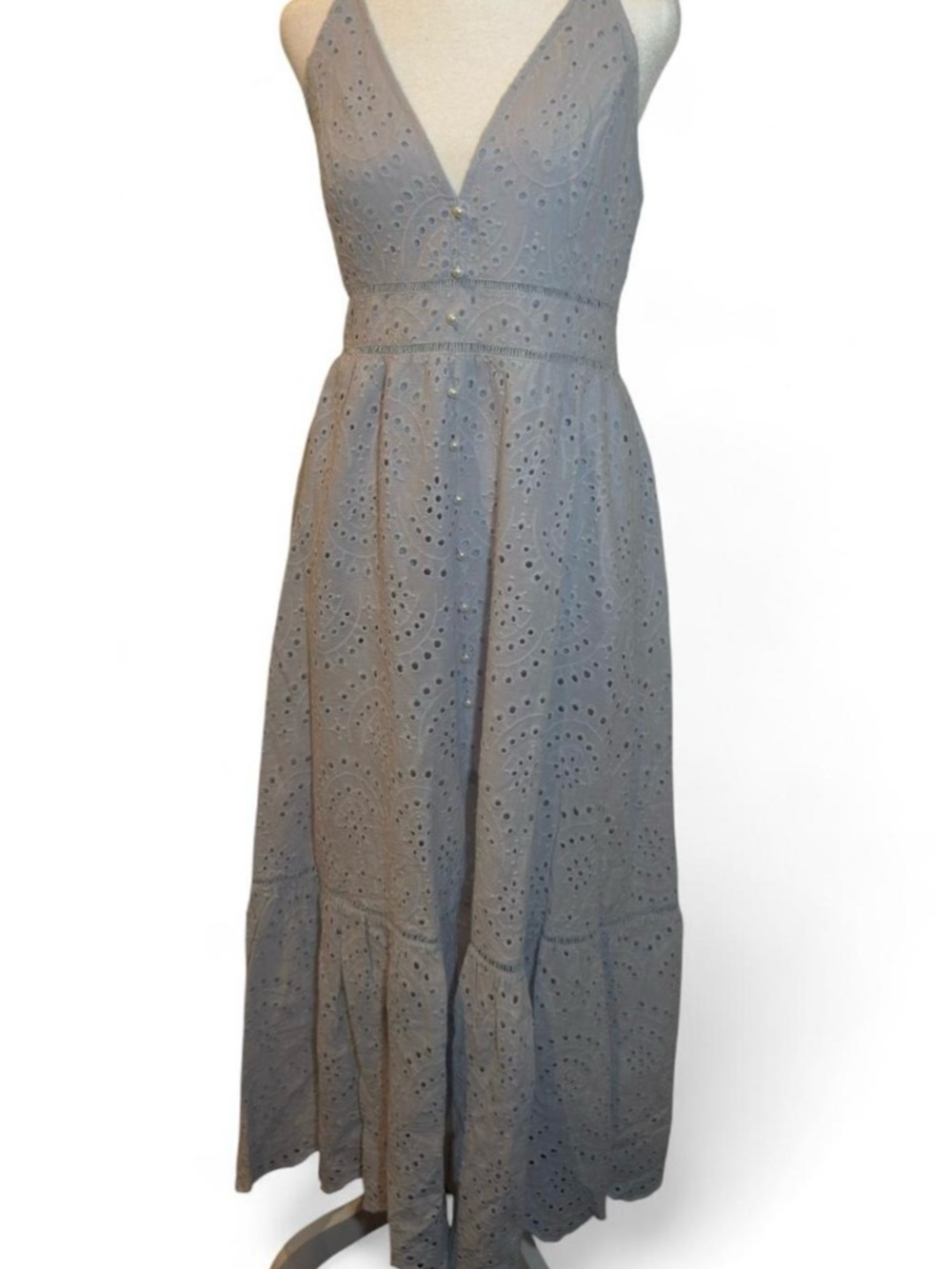 Women's Embroidery Pearl Button Down Dress V Neck Spaghetti Strap Maxi Dress